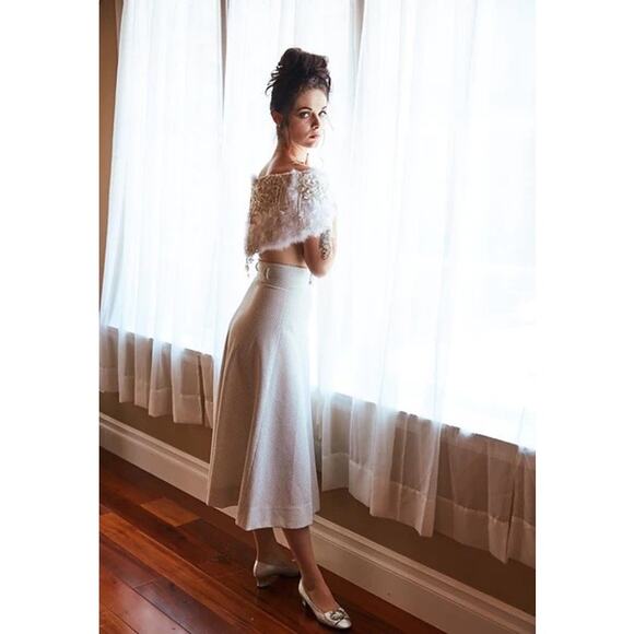 Vintage 60s White High Waisted Skirt with Silver Metallic Polka Dot Print Small - Picture 3 of 4